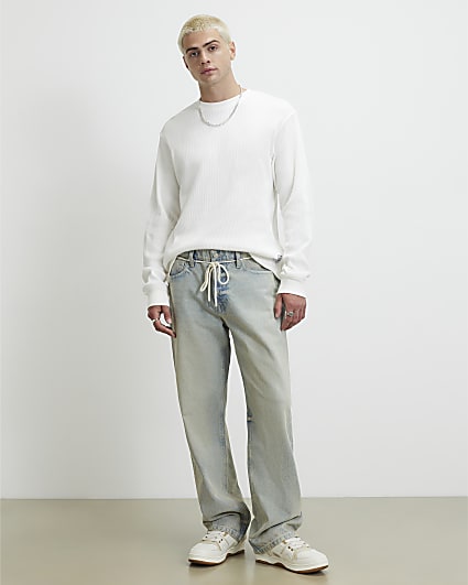 Blue Belted Loose Fit Washed Jeans