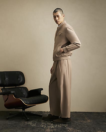 Beige Wide Fit Twill Trousers