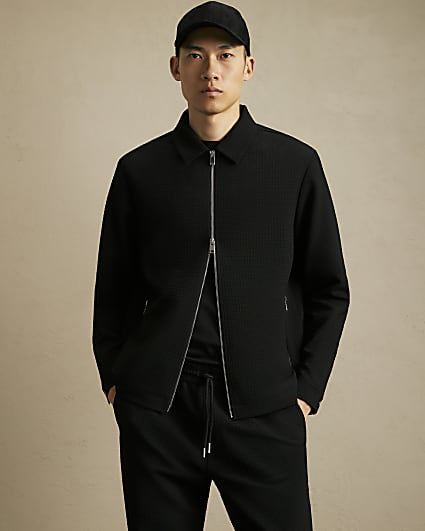Black Regular Fit Textured Tracksuit Jacket