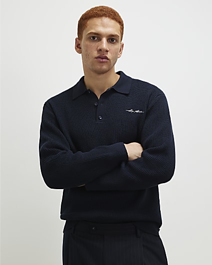 Navy Slim Fit Waffle Knit Jumper