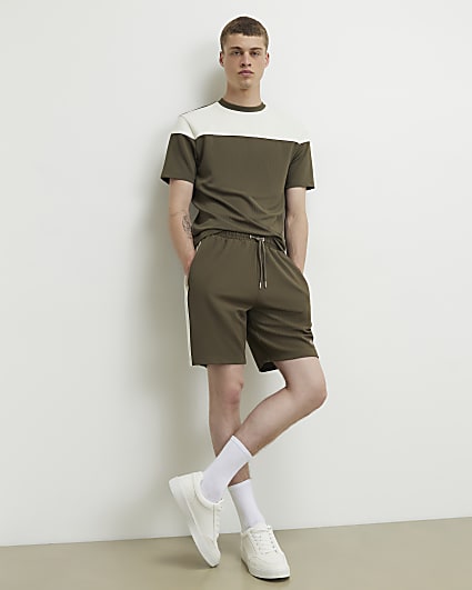 Khaki Regular Fit Colour Block Shorts
