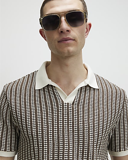 Khaki Slim Open Neck Crochet Polo Shirt