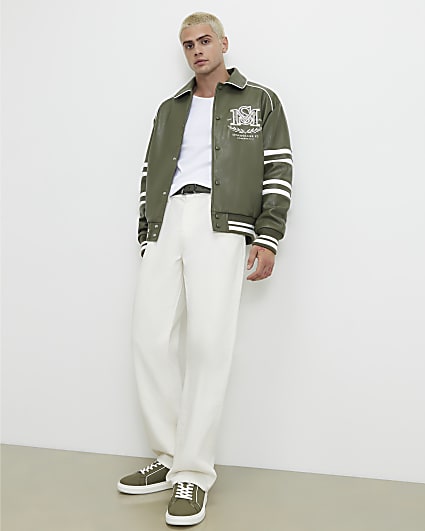 Green Leopard Print Washed Varsity Jacket