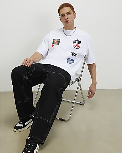 White Oversized Fit Kazaki  T-Shirt