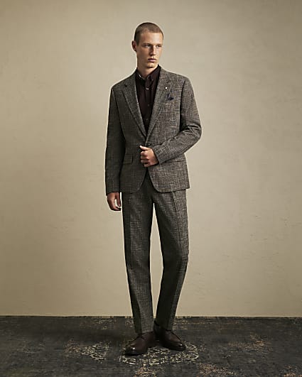 Brown Slim Fit Textured Suit Trousers