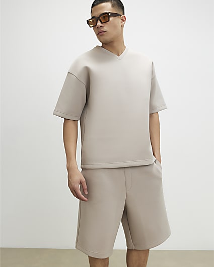 Beige Oversized Fit V Neck Premium T-Shirt