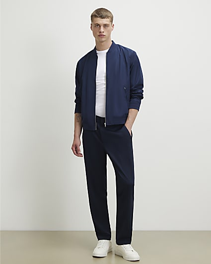 Navy Slim Fit Textured Suit Trousers