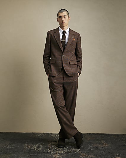 Brown Wide Leg Check Suit Trousers
