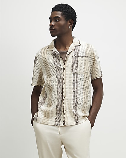 Beige Regular Fit Stripe Crochet Shirt