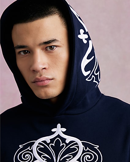 Navy Regular Fit Baroque Embroidered Hoodie