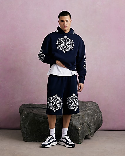 Navy Bermuda Baroque Embroidered Shorts