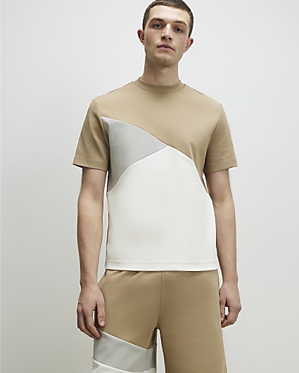 Beige Slim Fit Colour Block T-Shirt