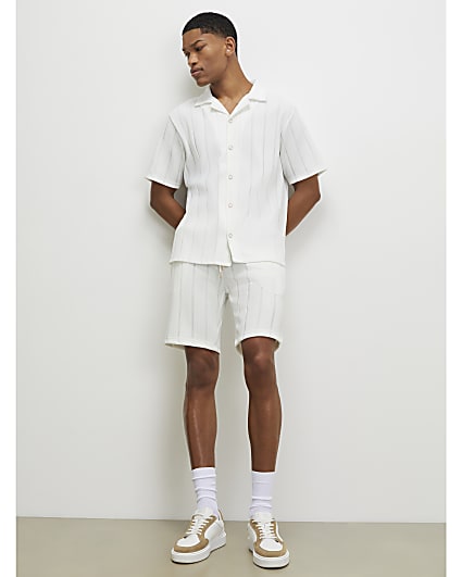 White Slim Fit Textured Stripe Shorts