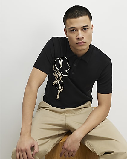 Black Slim Fit Rope Floral Polo Shirt