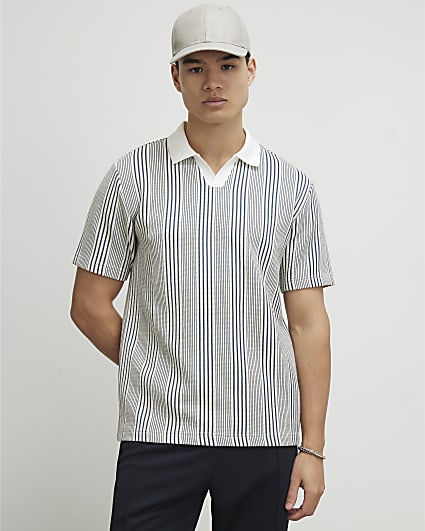 Blue Slim Fit Stripe Open Neck Polo Shirt