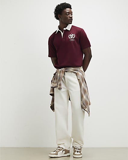 Red Oversized Fit Embroidered Rugby Shirt