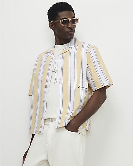 Yellow Regular Fit Linen Blend Stripe Shirt