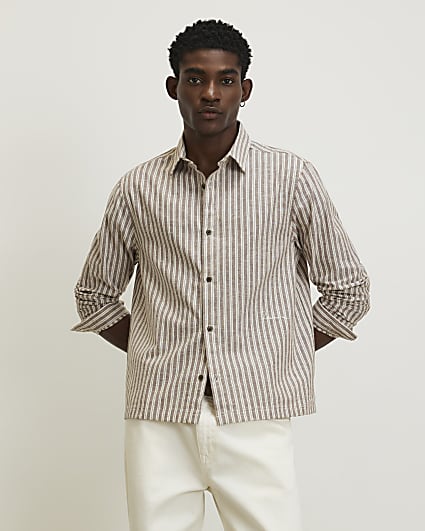 Brown Linen Blend Stripe Shirt