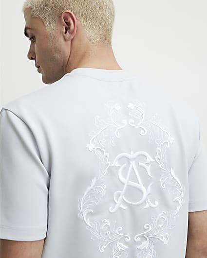 Blue Slim Fit Twill AS Embroidered T-Shirt