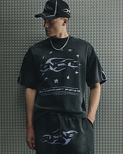 Black  Oversized Fit Washed Flame Sweatshirt
