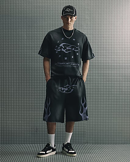 Black Washed Flame Shorts