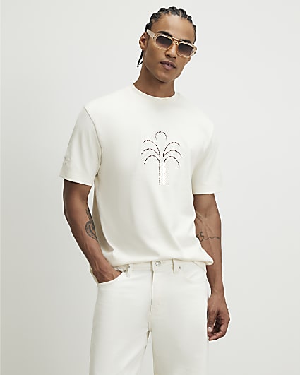 Beige Regular Fit Cutwork Palm Tree T-Shirt