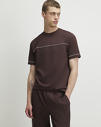 Brown Slim Fit Piped Textured T-Shirt