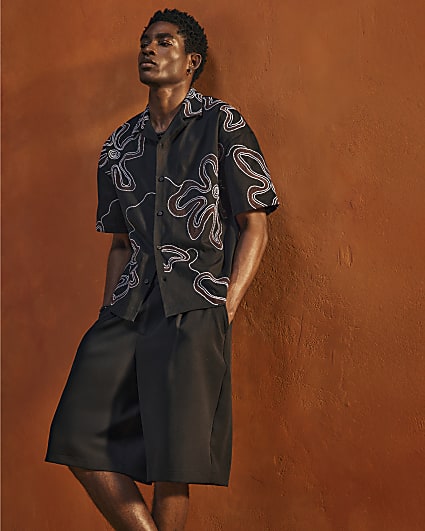Black Oversized Fit Cotton Floral Shirt