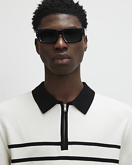 Black Slim Fit Stripe Knitted Polo Shirt