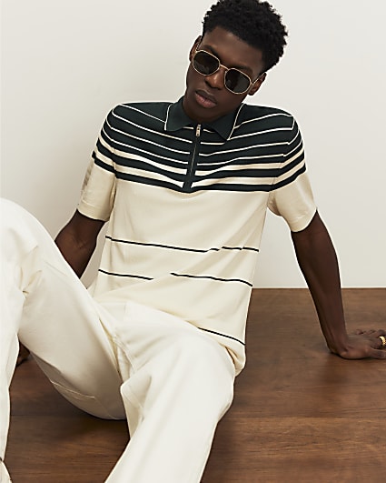 Green Slim Fit Stripe Knitted Polo Shirt