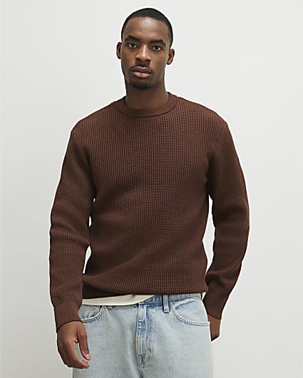 Brown Slim Fit Waffle Knit Jumper