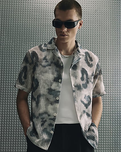 Black Regular Fit Printed Crochet Shirt
