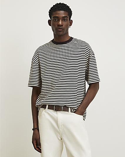 Brown Oversized Fit Striped Pique T-Shirt