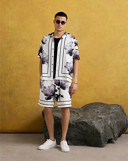 White Floral Pull On Swim Shorts