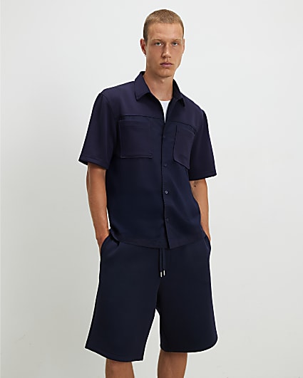 Navy Regular Fit Fabric Blocked Shirt