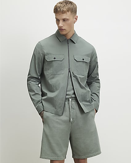 Green Regular Fit Washed Utility Overshirt