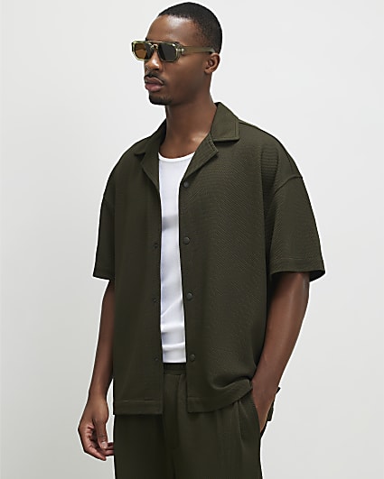 Khaki Oversized Fit Waffle Textured Shirt