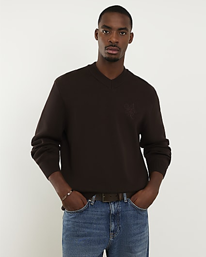 Brown Plain Compact Knit V Neck Jumper