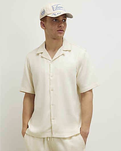 Cream Regular Fit Embroidered Script Shirt