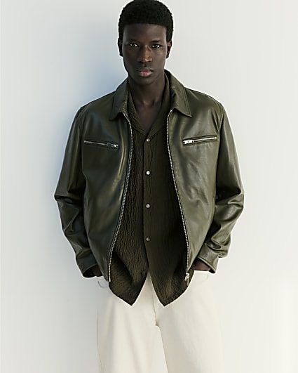 Khaki RI Studio Leather Zip Up Jacket