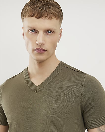 Khaki Slim Fit V Neck Knitted T-Shirt