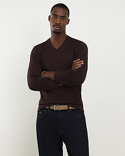 Red Slim Fit V Neck Knitted Jumper