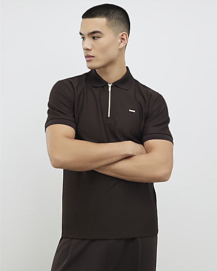 Brown Muscle Fit Textured Polo Shirt
