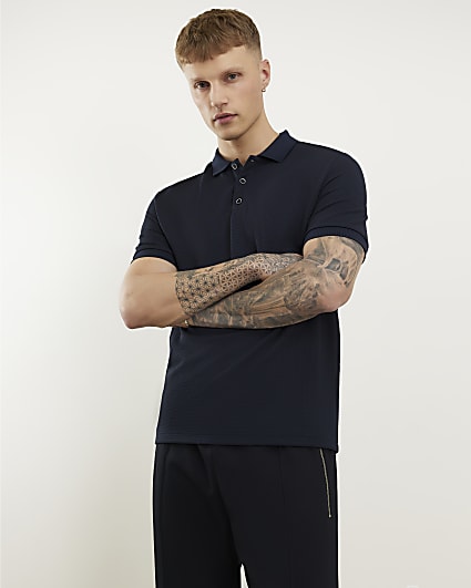Navy Slim Fit Textured Polo Shirt