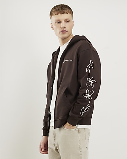 Brown Oversized Zip Up Embroidered Hoodie