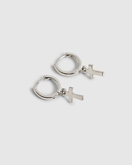 Silver Cross Drop Hoop Earrings
