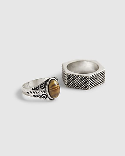 Silver Stone And Hexagon Rings 2 Pack
