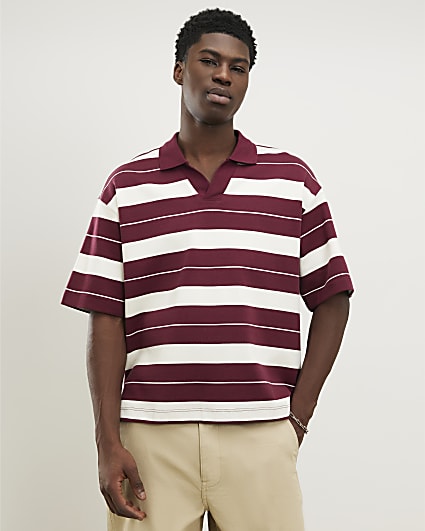 Red Oversized Fit Stripe Open Neck Polo Shirt