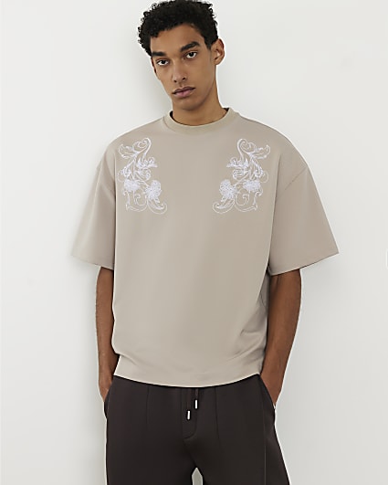 Grey Floral Embroidered T-Shirt