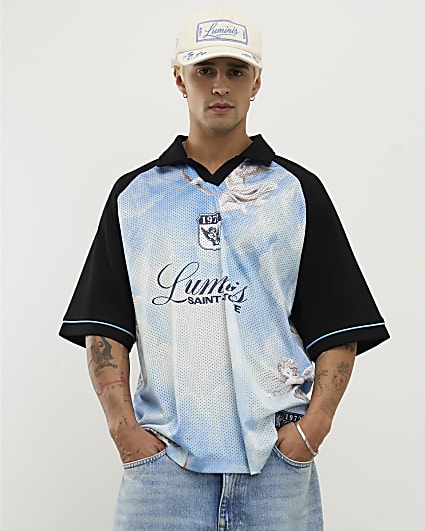 Blue Oversized Fit Mesh Polo Shirt